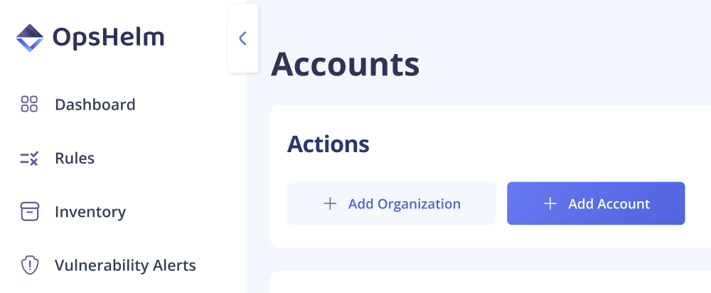 Accounts Page Screenshot showing the Add Organization button