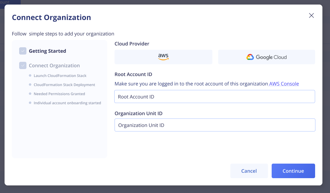 AWS Onboarding modal screenshot showing the root account ID and Organization ID fields