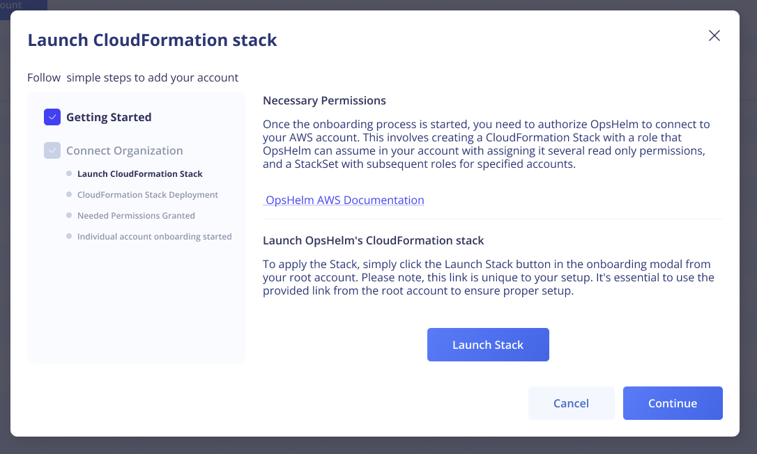 AWS Organization Onboarding modal screenshot showing CFN instructions and launch stack button