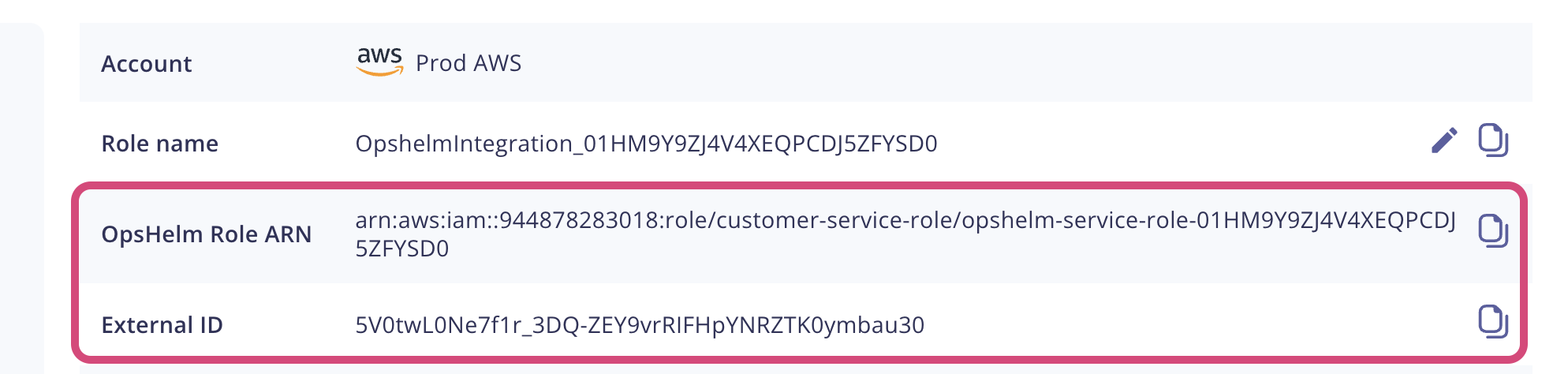 AWS Onboarding modal screenshot showing the role ARN and external ID