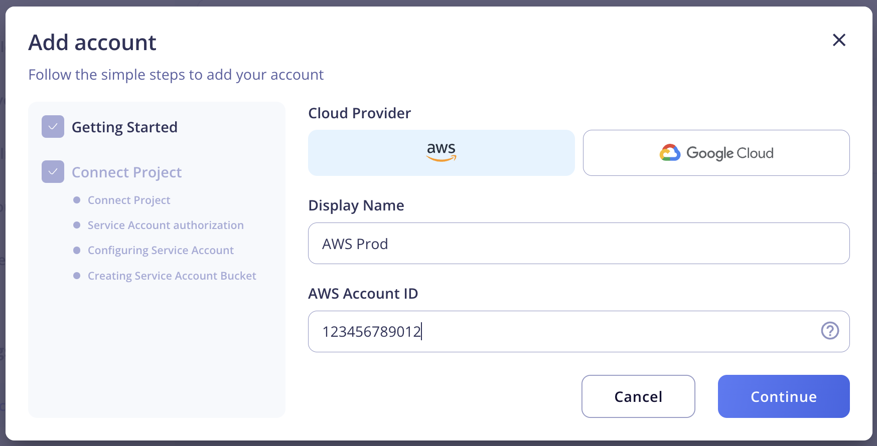 AWS Onboarding modal screenshot showing the display name and account ID fields