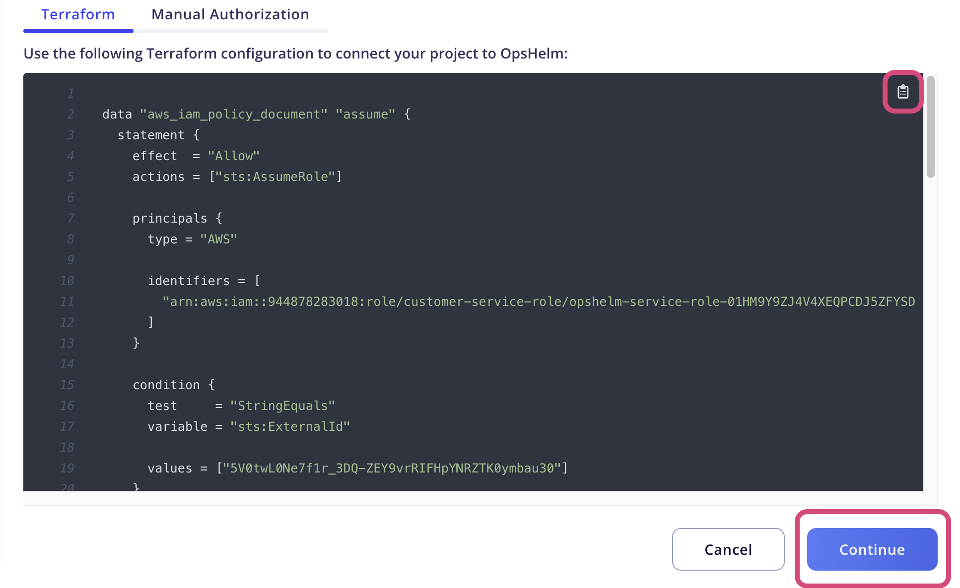 AWS Onboarding modal screenshot showing the Terraform configuration