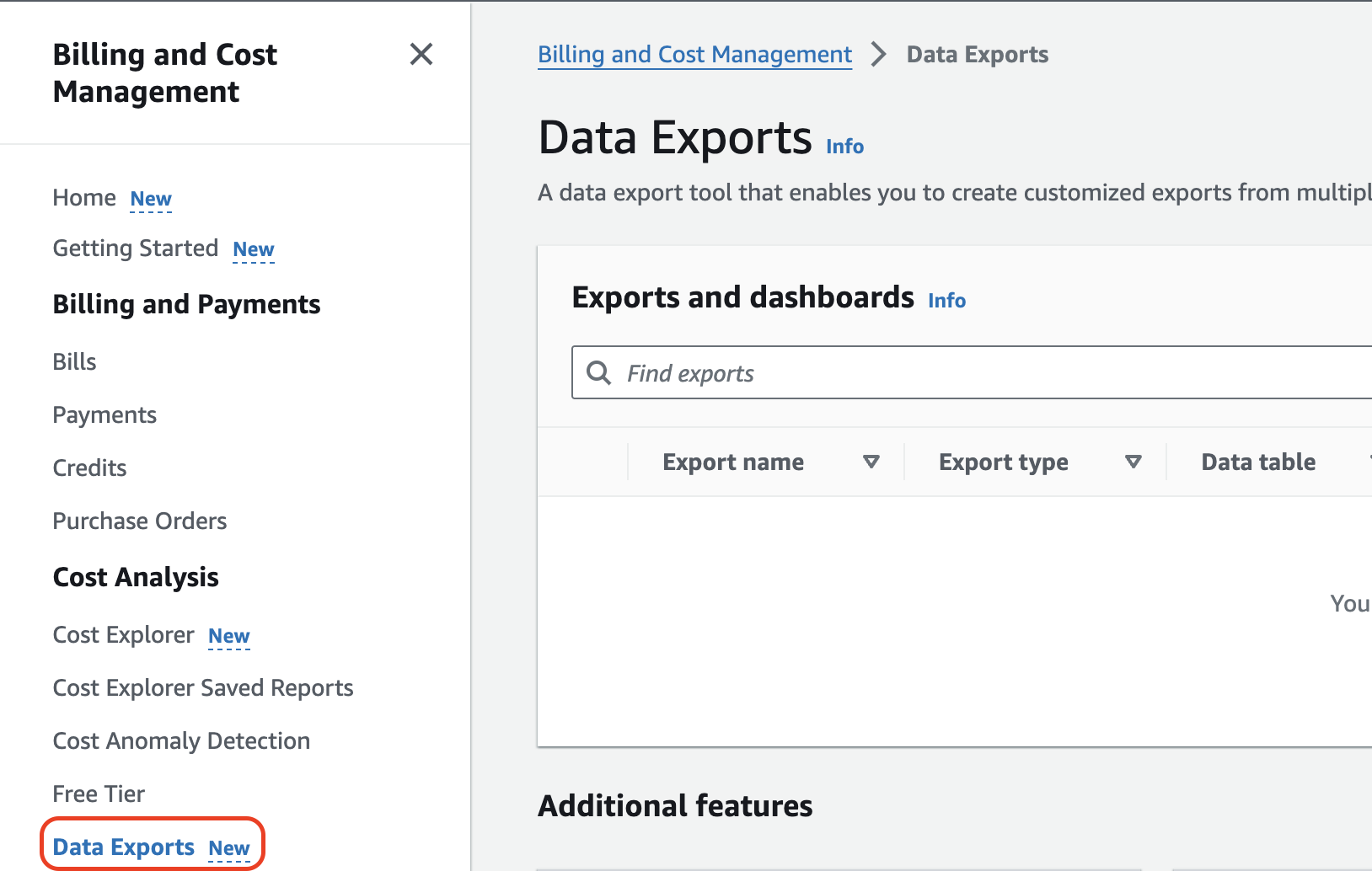 Billing and Cost Management, Data Exports section.