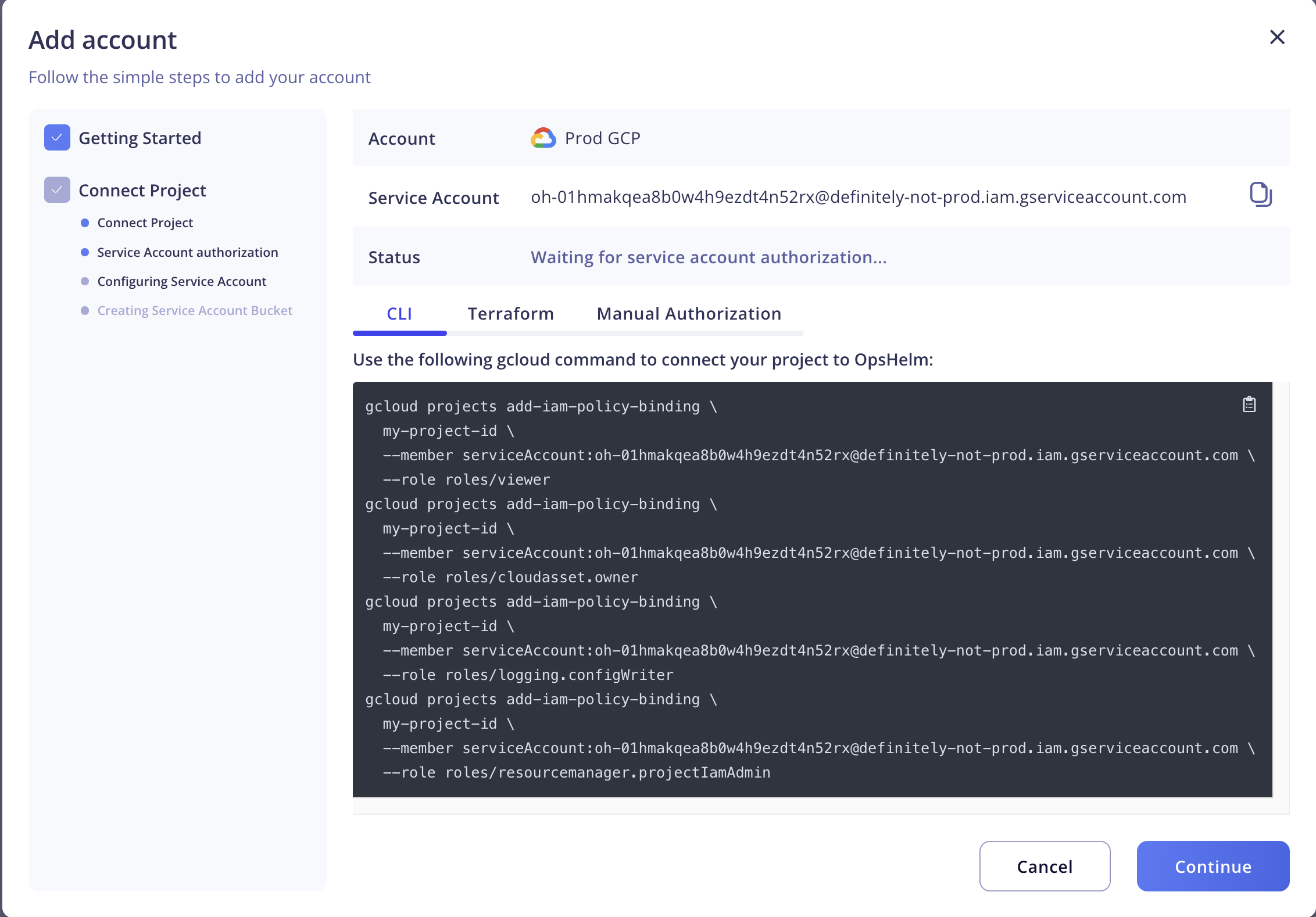 GCP Onboarding modal screenshot showing the CLI commands