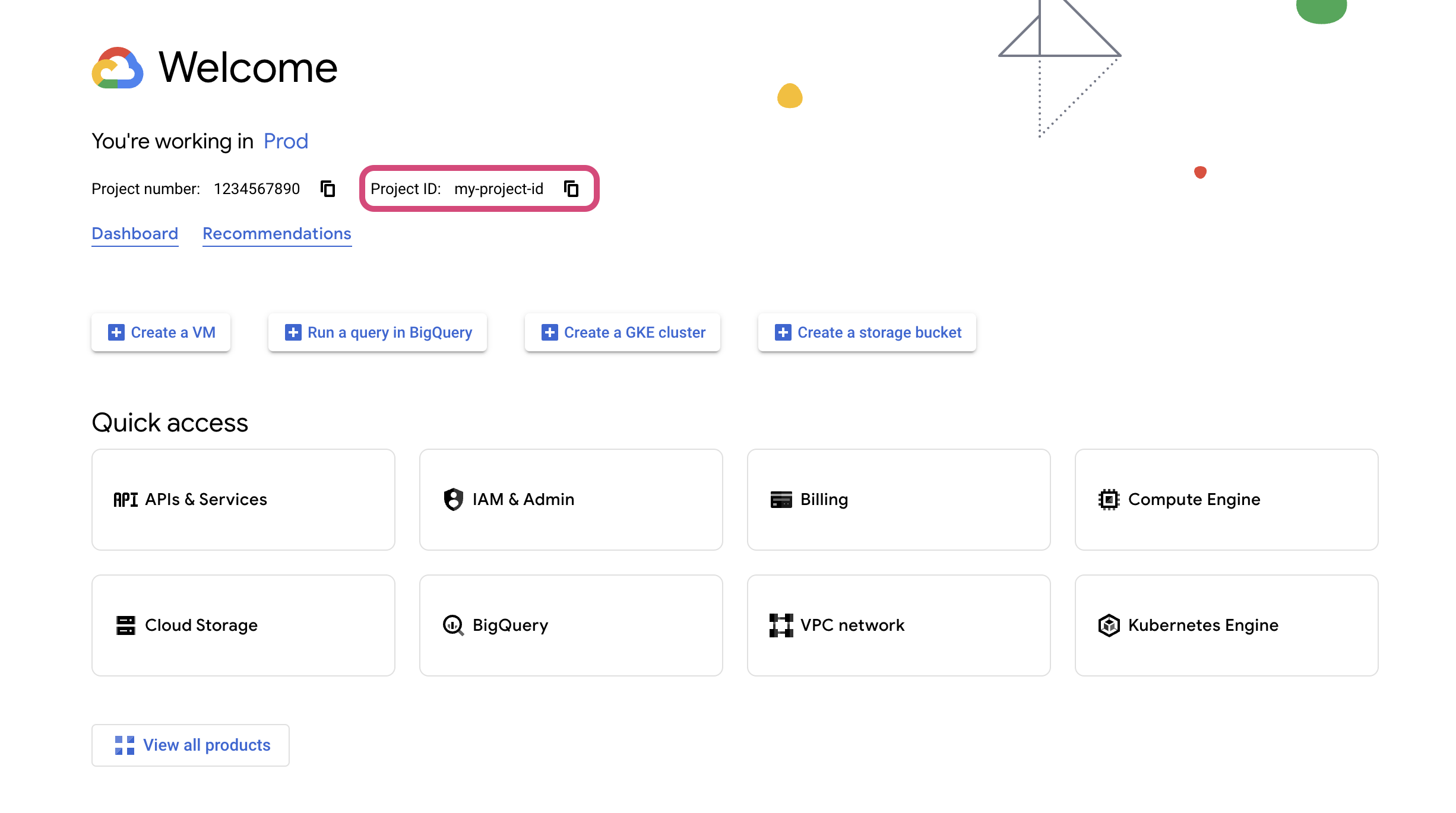 Screenshot showing the location of the project ID in the Google Cloud console