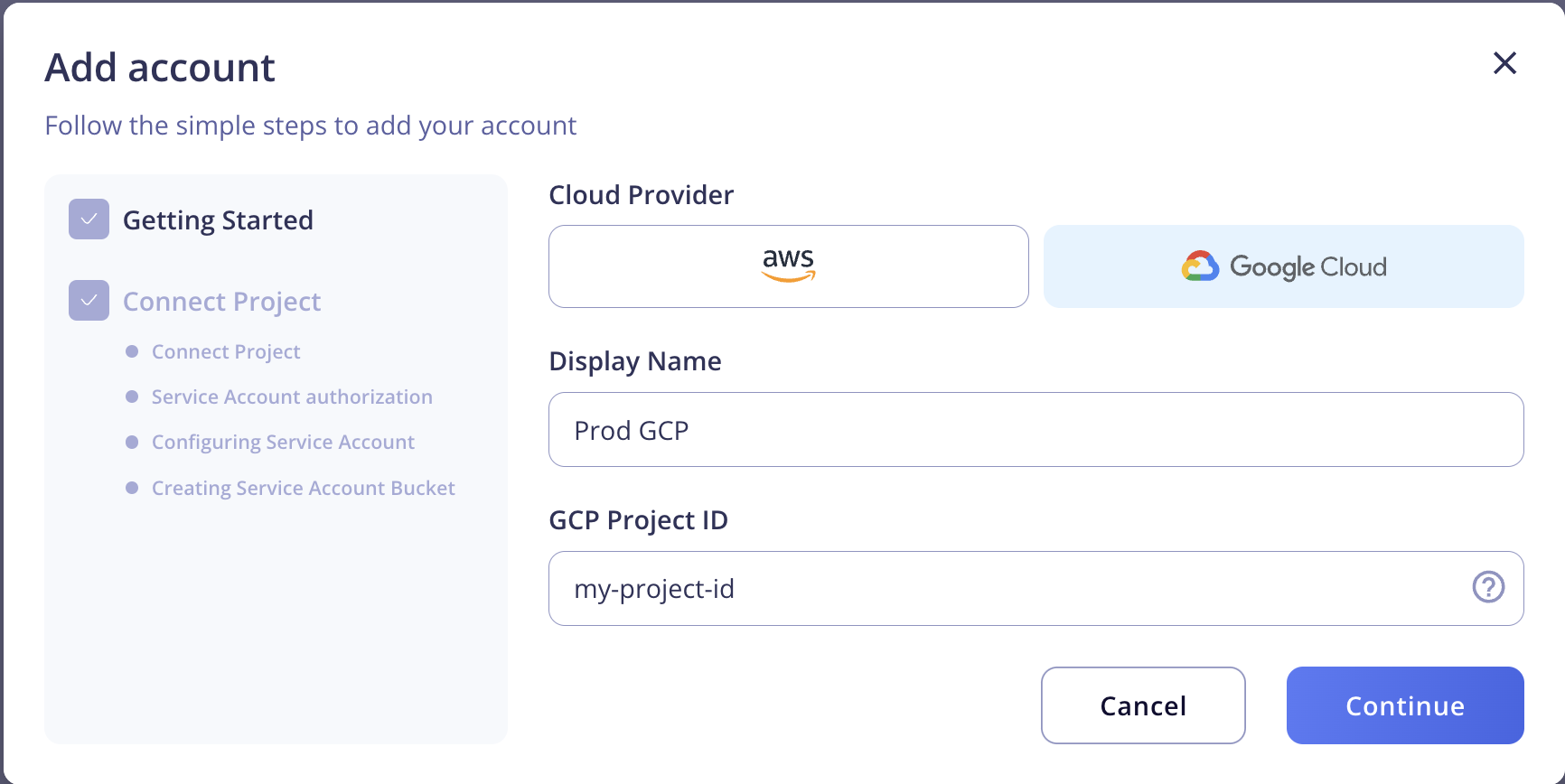 GCP Onboarding modal screenshot showing the display name and project ID fields