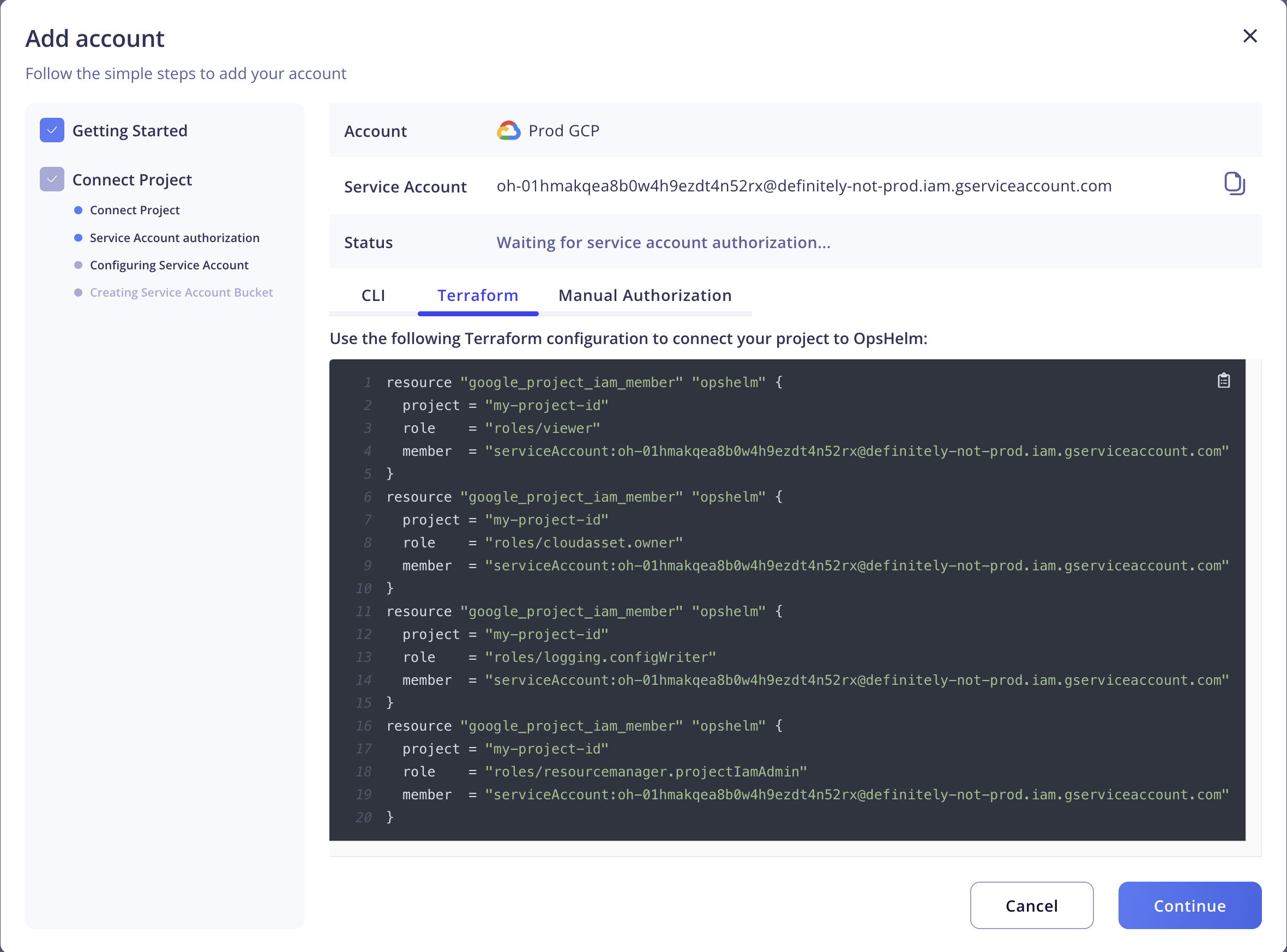 GCP Onboarding modal screenshot showing the Terraform configuration